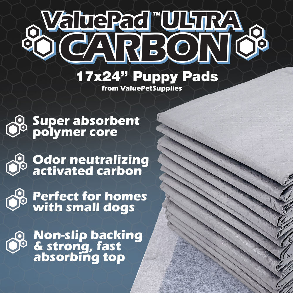 ValuePad Ultra Carbon Puppy Pads, Small 17x24 Inch, 600 Count BULK PACK - Super Premium Puppy Pee Pads for Dogs, Activated Charcoal, Fast Absorbing Top Sheet, Super Absorbent Gel Core, 5-Layer Design 