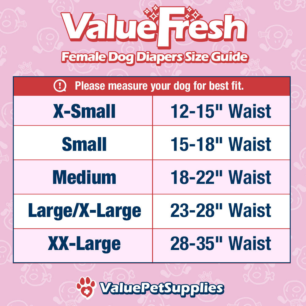 ValueFresh Female Dog Disposable Diapers, X-Small, 288 Count BULK PACK - Full Coverage w/Tail Hole, Snag-Free Fasteners, Leak Protection, Wetness Indicator 